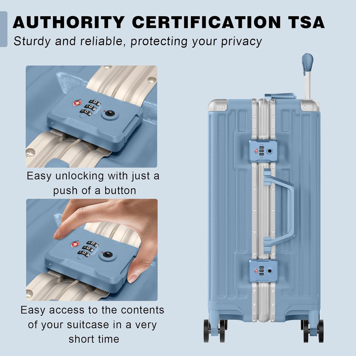 AnyZip Carry On Luggage PC+ABS Aluminum Frame Zipperless Luggage Hard Shell Suitcase with TSA Lock Double Spinner Wheels 20 Inch Haze Blue