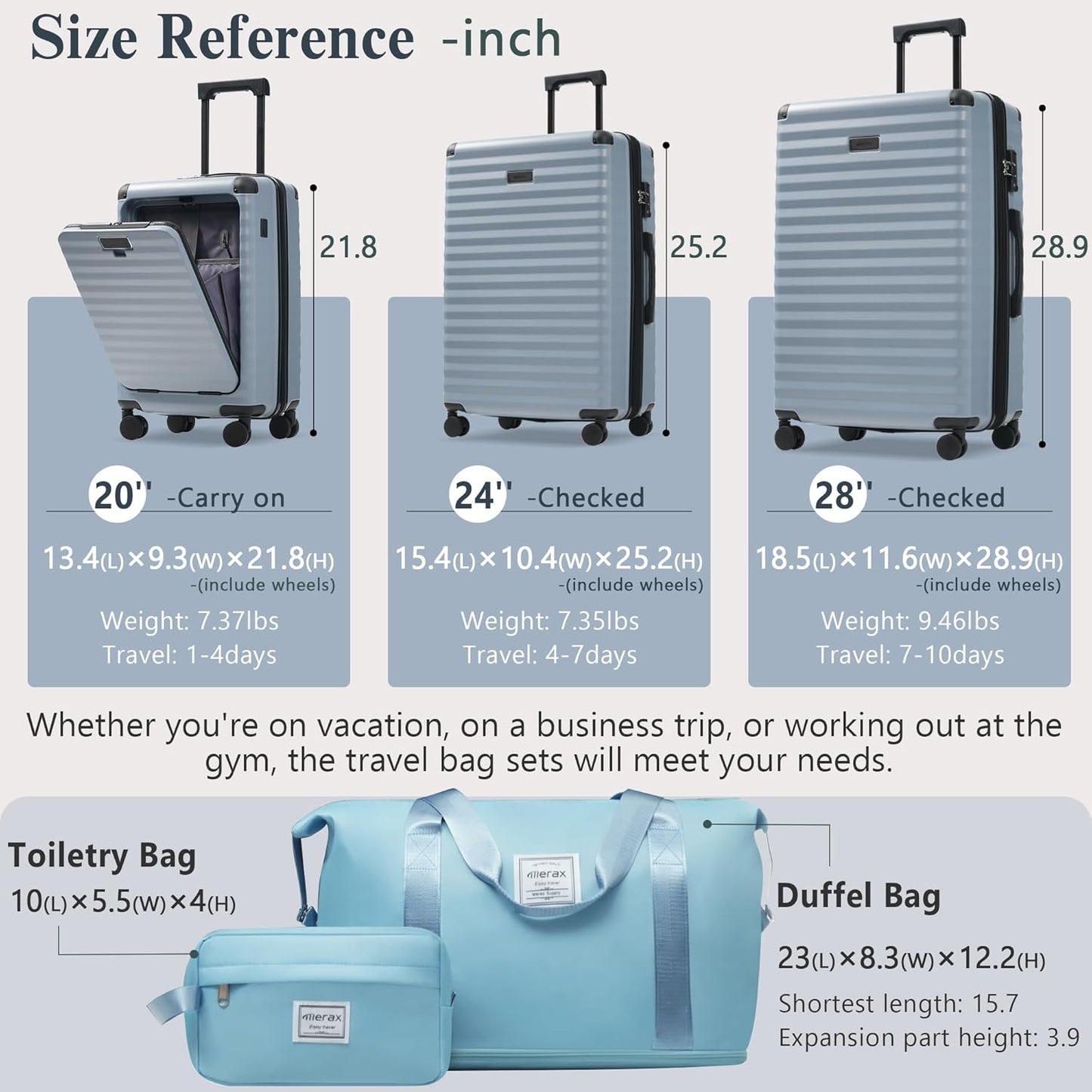 Merax Luggage Sets 3 Piece Front Opening, Hardside Lightweight Carry on Suitcase with Cup Holder USB Port,Durable Expandable Luggage with Bags Spinner Wheels and TSA Lock,Sky Blue