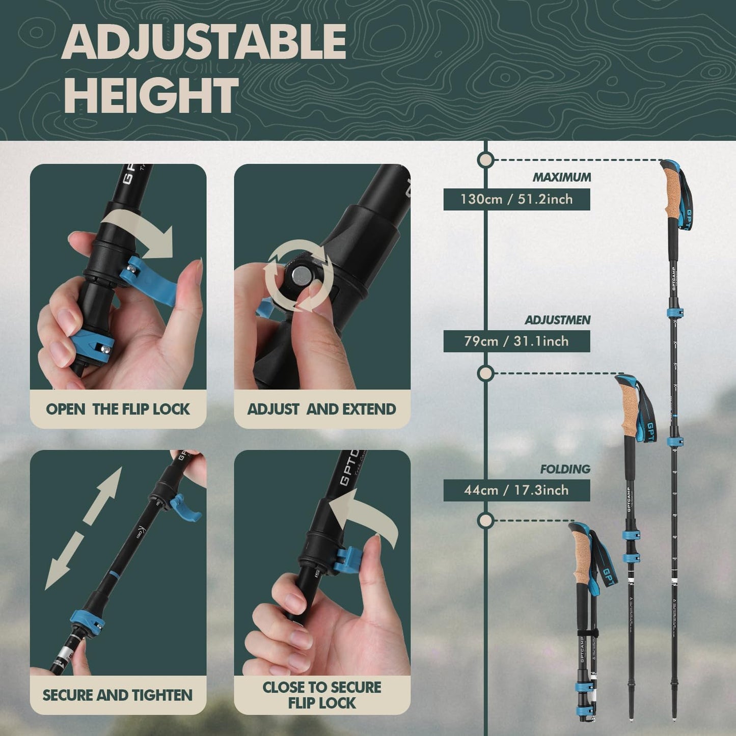 GPTCAMP Walking Sticks,Trekking Poles Collapsible Hiking Poles,Lightweight Folding Travel Walking Pole for Men Women,2pc Adjustable Hiking Stick with EVA Foam Grips for Backpacking