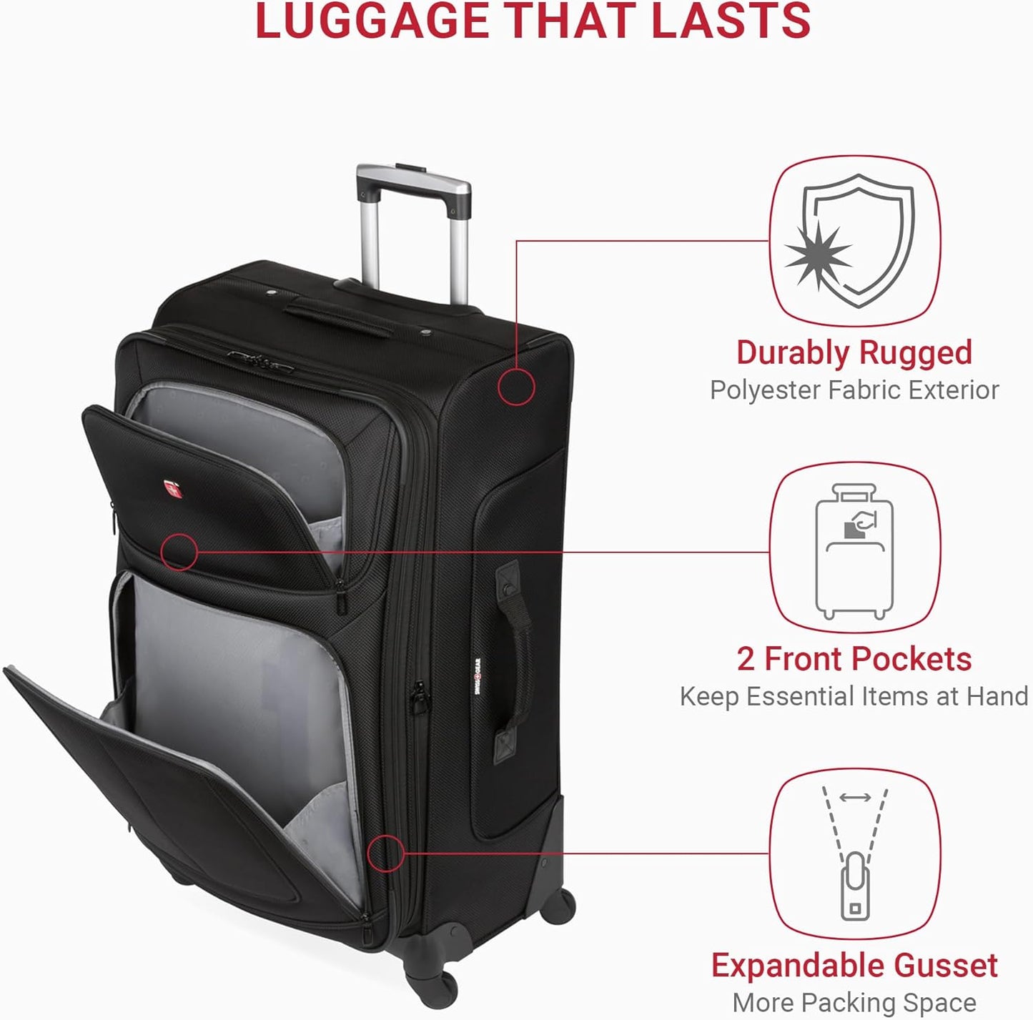 SwissGear Sion 3-Piece Set, Softside Expandable Luggage – 21 Inch Carry-On & 25 & 29 Inch Checked Suitcases with 360 Degree Wheels & Retractable Handles – Black