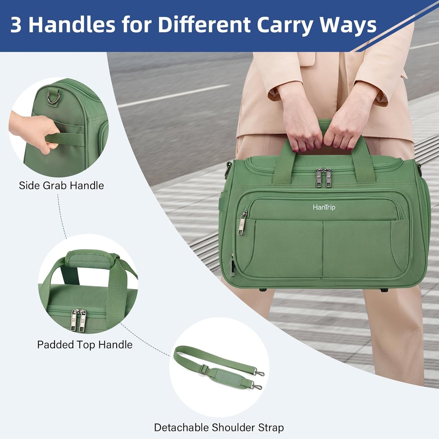 Carry on Duffel Bag Foldable Duffle Bags for Travel, Under Seat Personal Item Bags for Airplanes, Weekender Overnight Mens Travel Tote Bag for Women Softside Carry on Luggage (Forest Green)