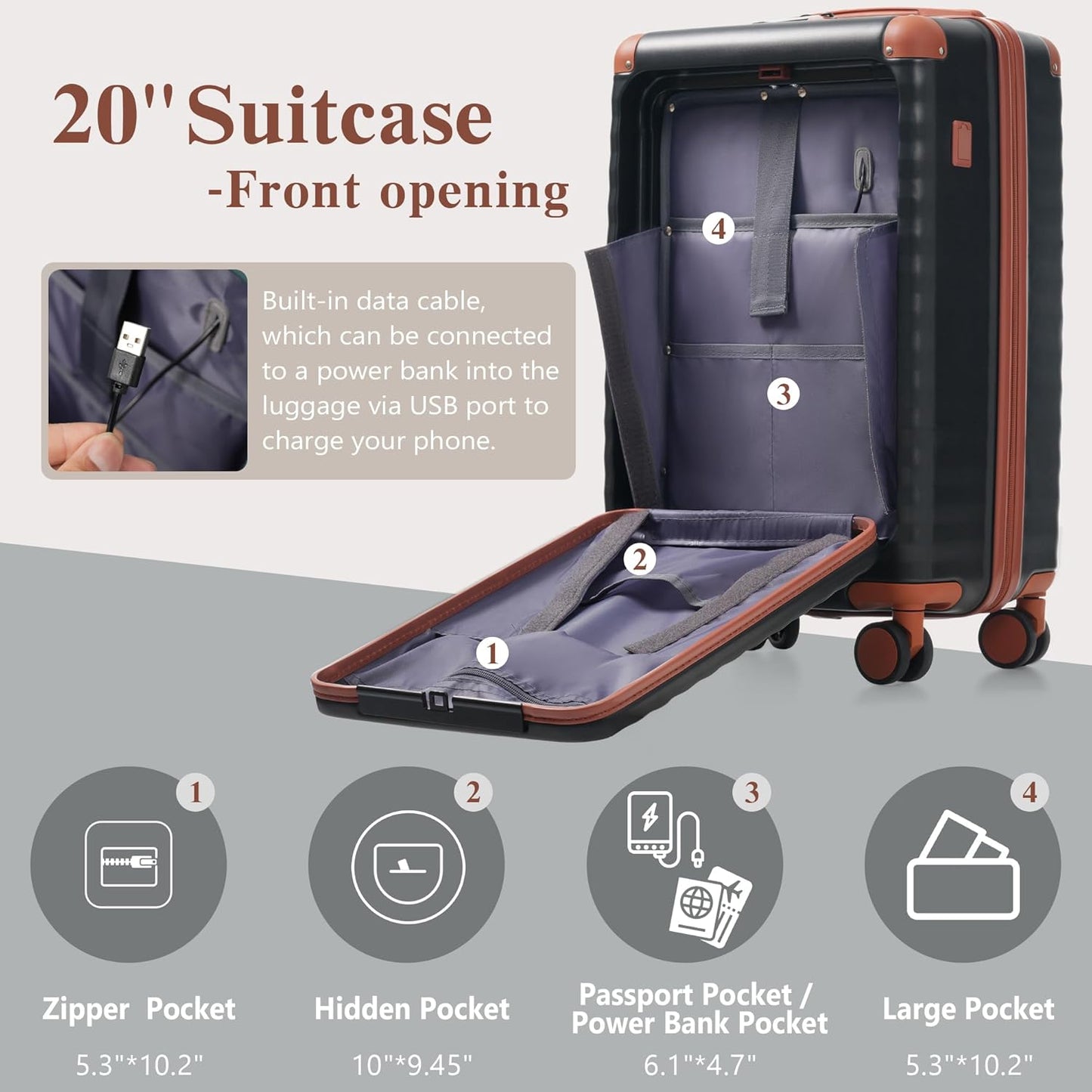 Merax Luggage Sets 3 Piece Front Opening, Hardside Lightweight Carry on Suitcase with Cup Holder USB Port,Durable Expandable Luggage with Bags Spinner Wheels and TSA Lock,Black and Brown