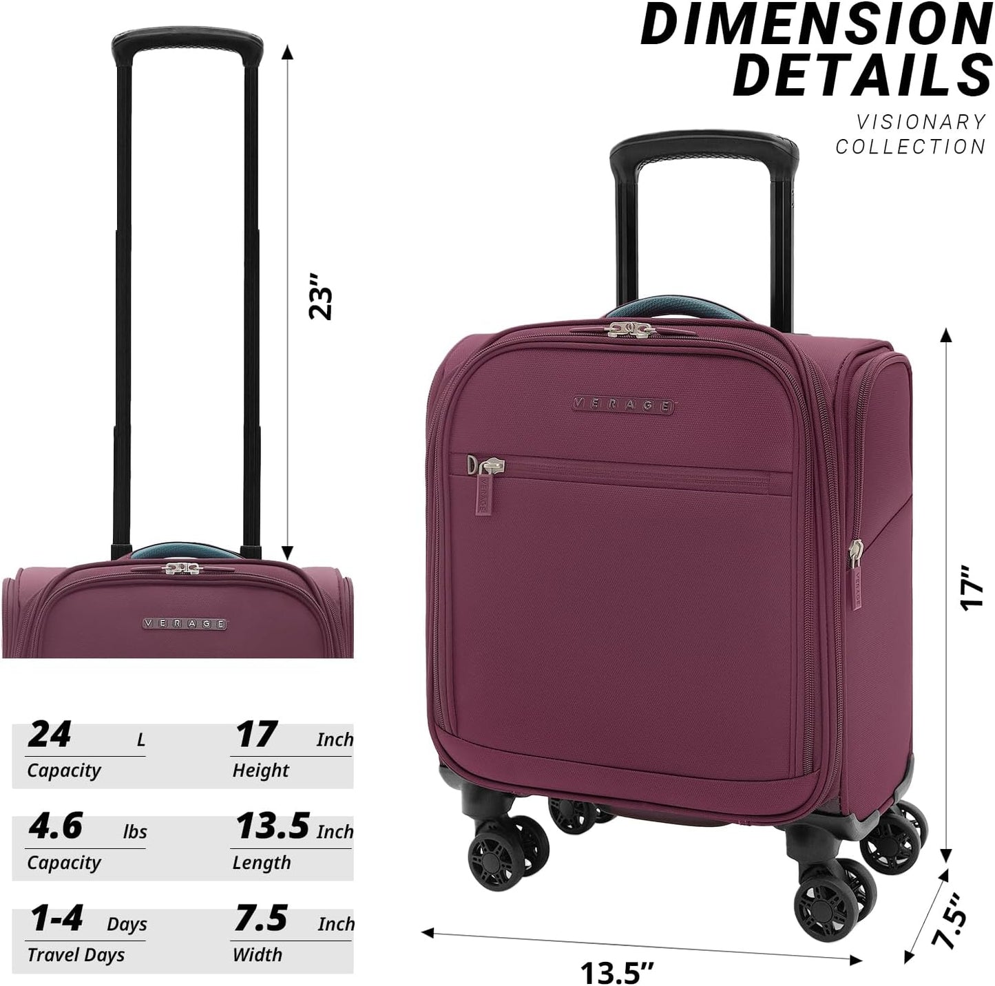 Verage Under Seat Luggage with Wheels，Softside Small Suitcase Spinner Carry On Luggage Bags for Airlines Airplanes Short Trip Men Women (Grape red, 14-Inch Underseat)
