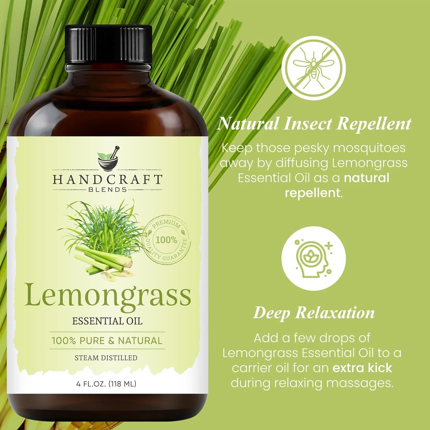 Handcraft Blends Lemongrass Essential Oil – Huge 4 Fl Oz – 100% Pure and Natural – Premium Grade Essential Oil for Diffuser and Aromatherapy, Skin, Massage, Candle and Soap Making Fragrance