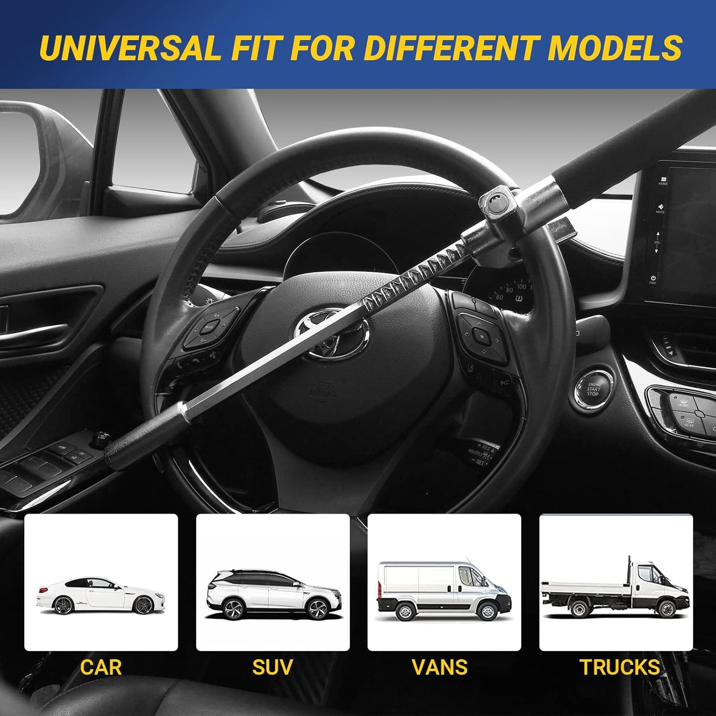 Car Steering Wheel Lock, Anti Theft Car Device for Car Steering Wheel, Car Security Car Theft Prevention with 3 Keys & Safety Hammer Fit for All Cars (Black)