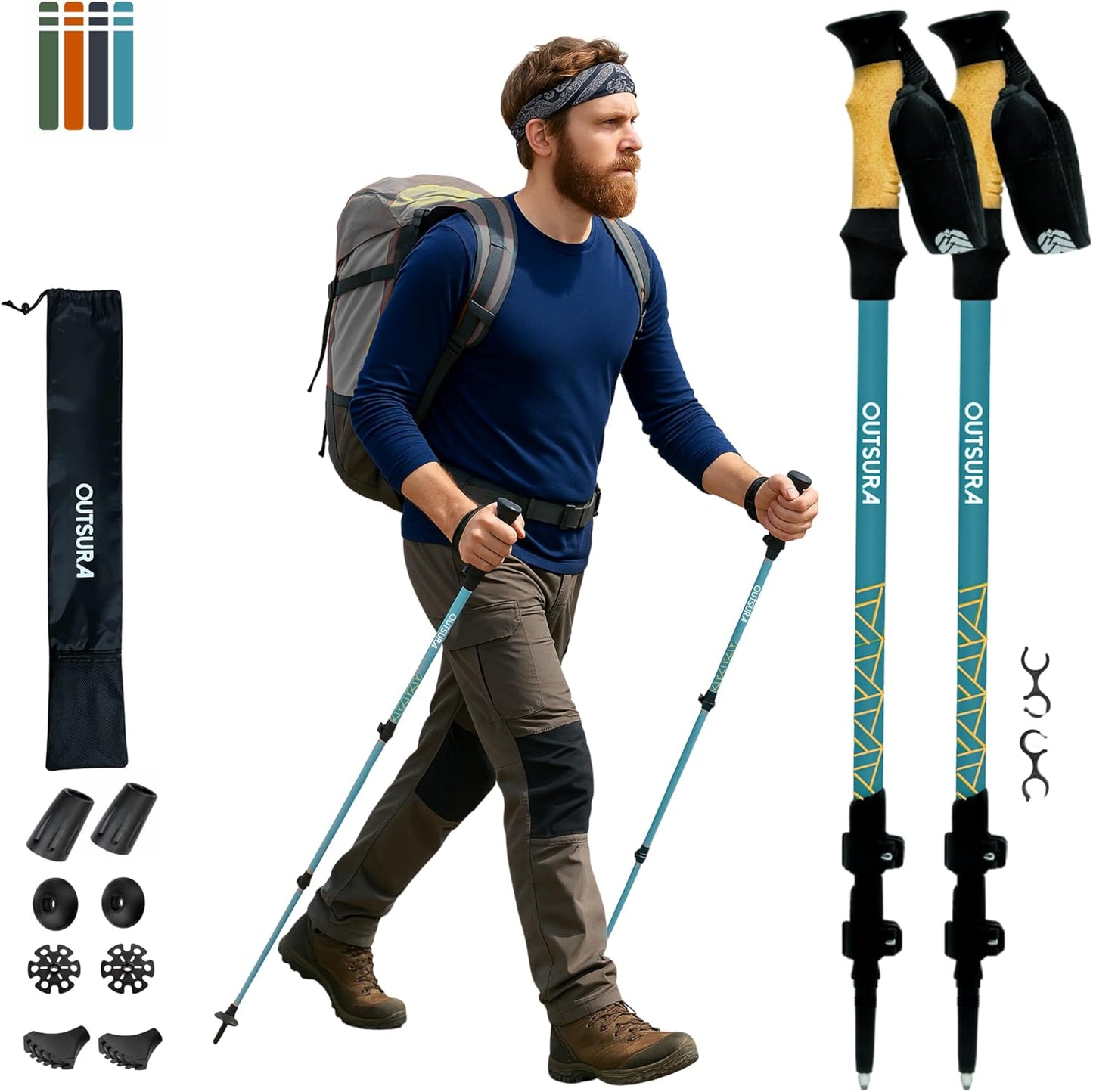 Outsura Trekking Poles for Hiking Collapsible Lightweight Aircraft Graded Aluminum Hiking Poles with Cork Grip & Quick Lock, Pair of 2 Walking Sticks for Seniors Trail & Backpacking