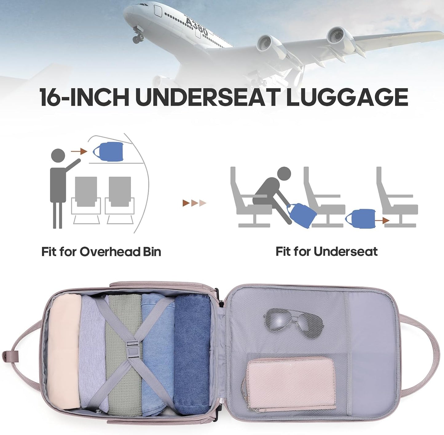 Carry-on Underseat 16-inch Luggage with Wheels, Softside Rolling Carry-on, Lightweight Travel Suitcase for Men Women, Personal Item Rolling Travel Bag