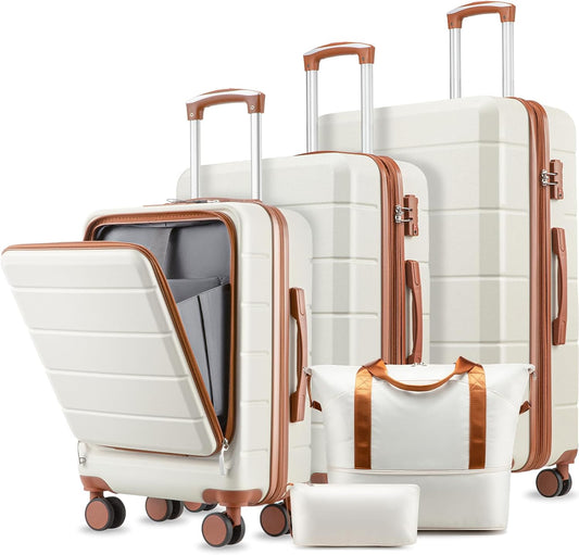 Luggage Sets 5 Piece, Expandable Hardside Suitcases with Wheels Includes Tote Bag, White Brown