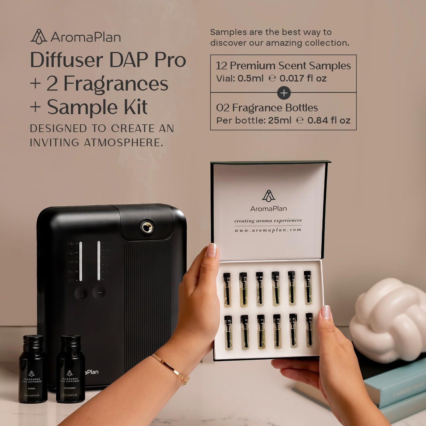 AromaPlan 5 Star Collection Cold Air Scent Diffuser, Whole House (Includes 2 Fragrances & 12 Set Sample kit) - Smart Scent Diffuser, HVAC System- Touch & App, 2000 Sq. Ft Cov. (Black)