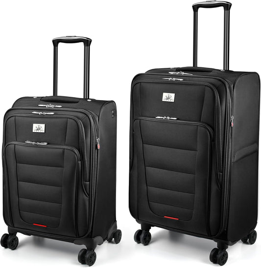 Verdi Luggage 2 Piece Set Suitcase Spinner Wheels Softshell Expandable, Carry On Luggage with USB Port (Black, 2-Piece set(20/24))