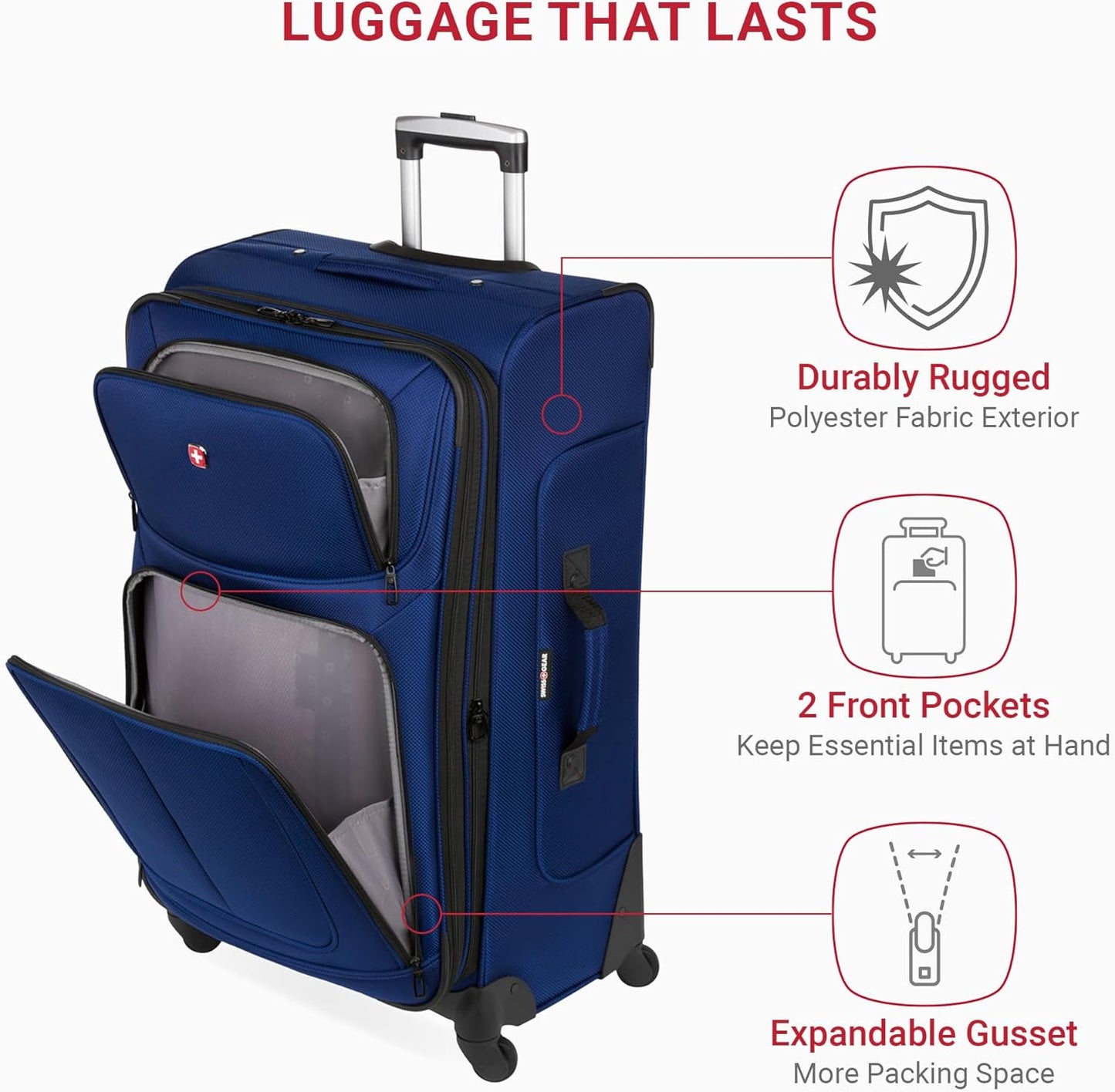 SwissGear Sion 3-Piece Set, Softside Expandable Luggage – 21 Inch Carry-On & 25 & 29 Inch Checked Suitcases with 360 Degree Wheels & Retractable Handles – Blue