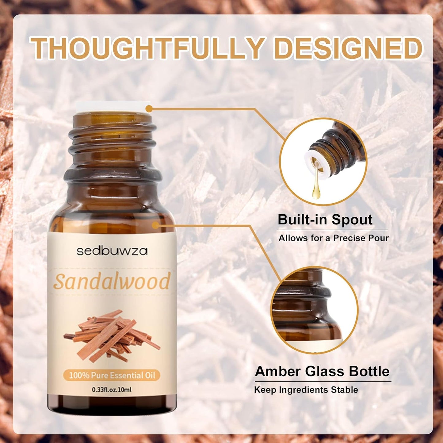 Sedbuwza Sandalwood Essential Oil, Pure Organic Sandalwood Fragrance Oil for Diffuser, Humidifier, Soap, Candle, Perfume