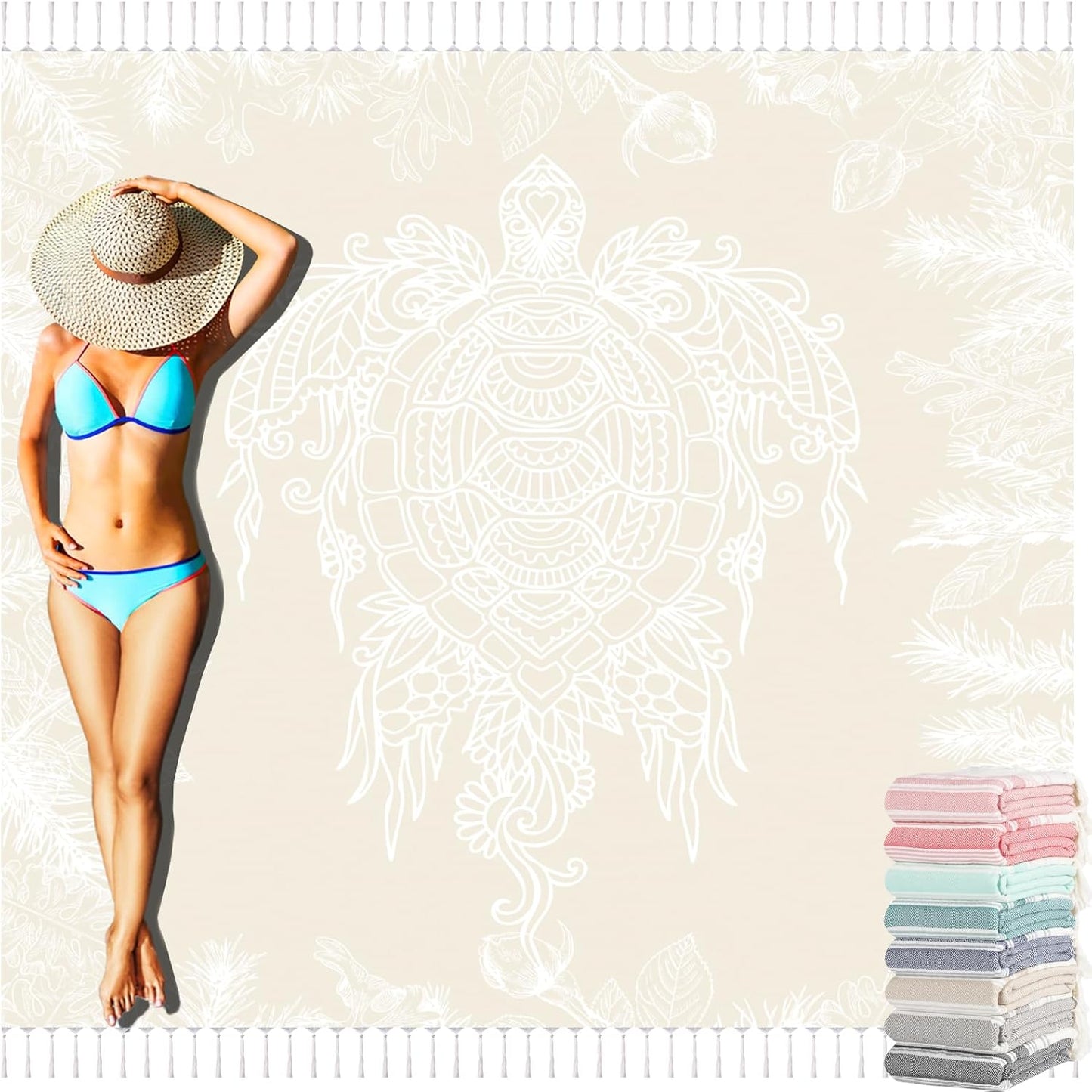 Oversized Turkish Beach Towel Blanket Cotton Giant XL Sandproof Towels Huge Linen XXL Extra Large Big Throw Quilt Blankets for Adults Beige Turtle