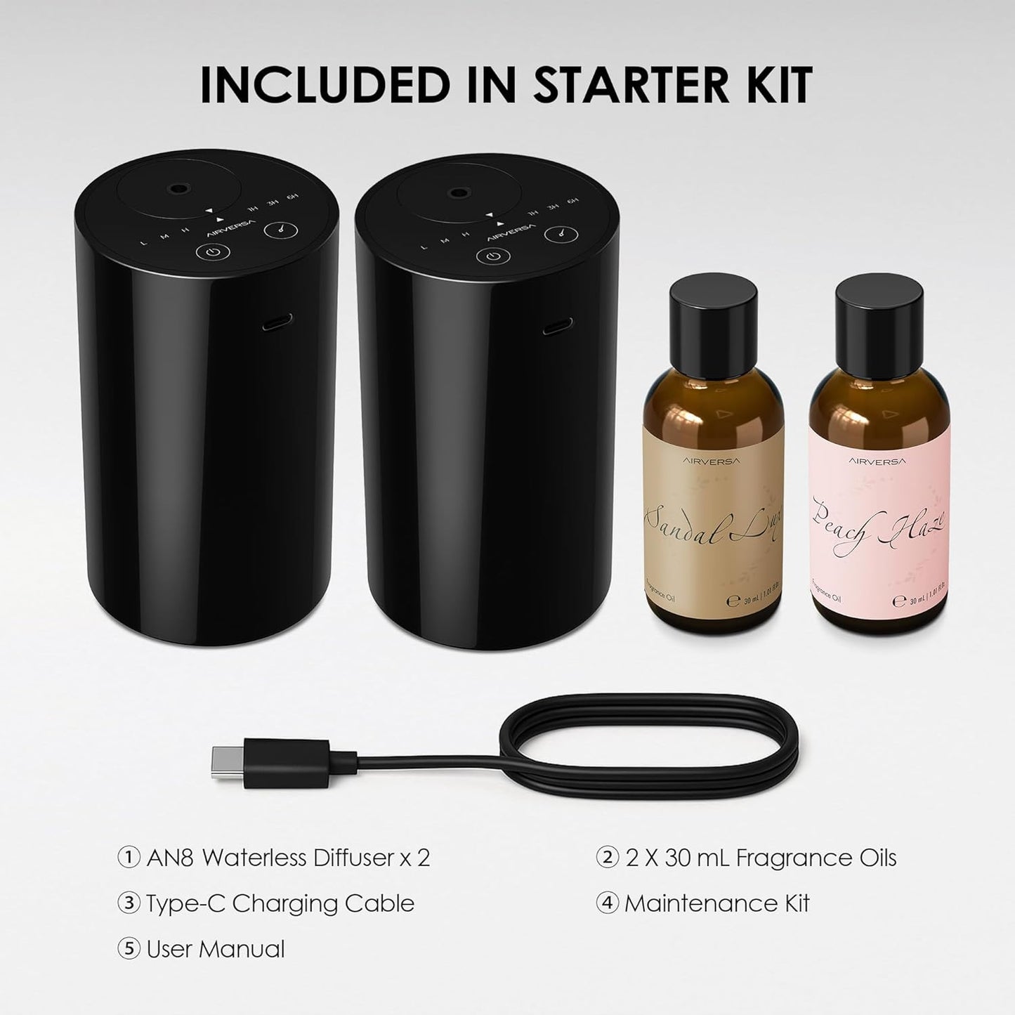 Airversa Waterless Essential Oil Diffuser Starter Kit with 2 x 30mL Fragrance Oil, Battery Operated Mini Scent Air Machine Portable Diffuser for Home Car Office Room, Black AN8 2Packs Kit