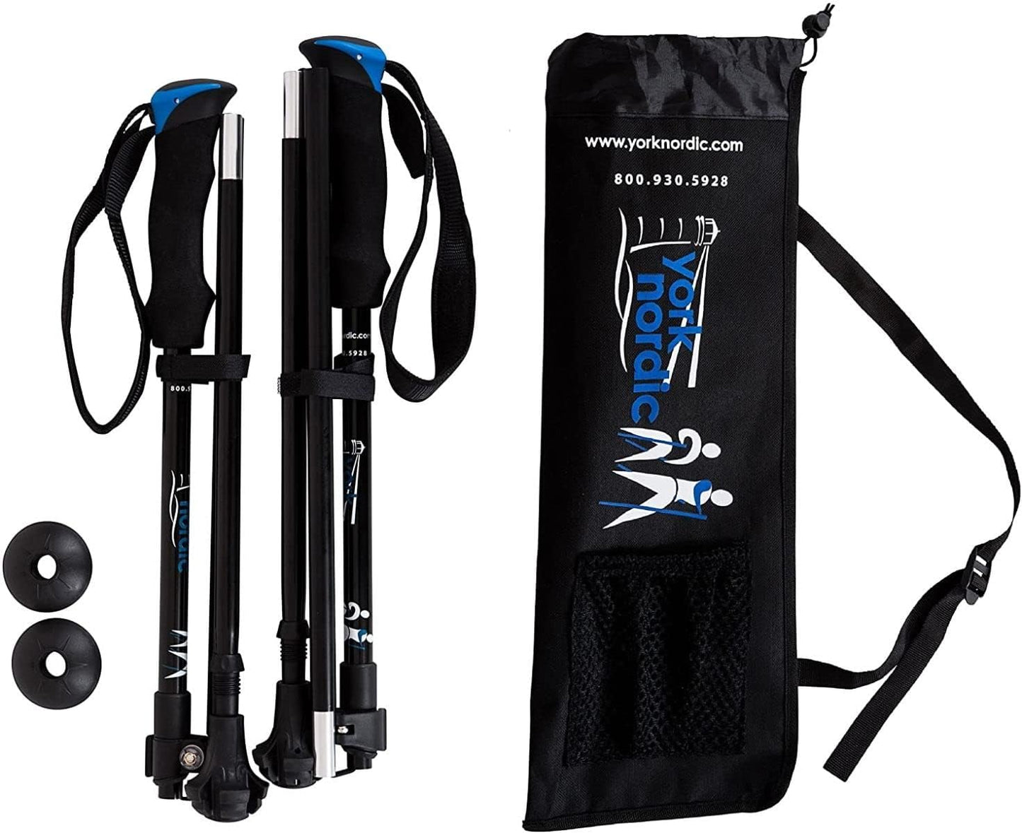 York Nordic Ultralight Folding Walking Poles - Travel Ready - with Rubber Feet, Baskets, and Bag