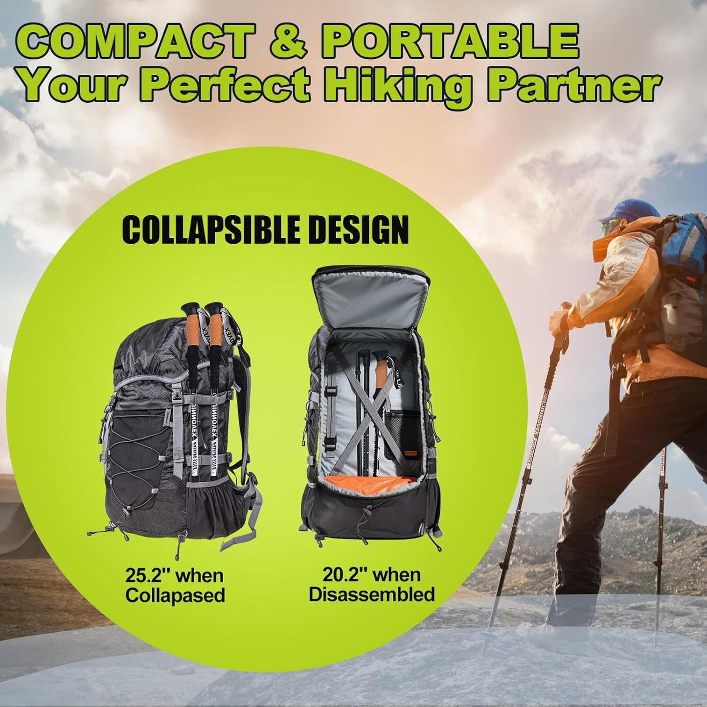 Trekking Poles - Lightweight, Collapsible, Adjustable Hiking Poles with Quick Flip Lock, 7075 Aluminum, Natural Cork Grip, Anti Shock Walking Sticks for All Terrain, Men and Women, 2 Pack