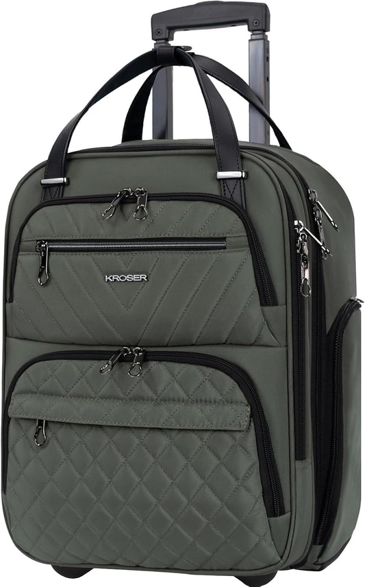 KROSER Carry On Underseat Multi-functional, 16-inch Underseater Lightweight Overnight Suitcase for Women, Army Green