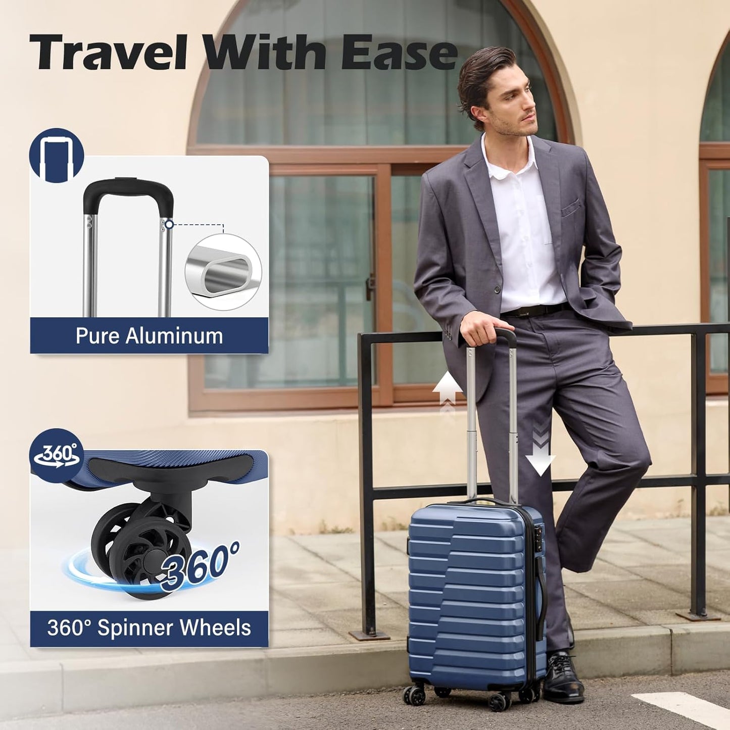 Coolife Carry On Luggage Airline Approved with Wheels Hard Shell Suitcase Spinner TSA Lock Telescopic Handle 20-inch,Blue