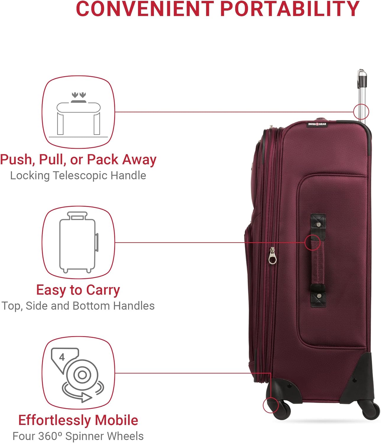 SwissGear Sion 3-Piece Set, Softside Expandable Luggage – 21 Inch Carry-On & 25 & 29 Inch Checked Suitcases with 360 Degree Wheels & Retractable Handles – Merlot