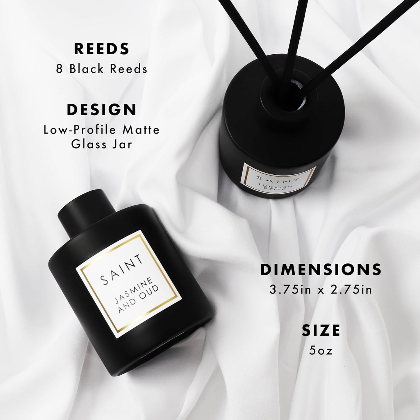 SAINT Reed Diffuser, Aromatherapy Diffuser Set with Scent Diffuser Sticks, Long-Lasting Oil Diffuser in Matte Black Glass Jar, Aroma Diffuser for Home, Bedroom, or Bathroom, 5oz, Jasmine and Oud