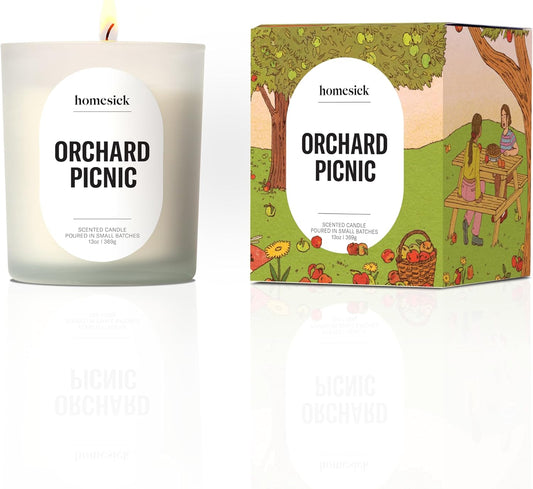 Homesick Orchard Picnic Scented Candle – 13 oz Soy Wax Candle with Organic Cotton Wick, 60–80 Hour Burn, Apple Cinnamon Vanilla Cedarwood Scent, Reusable Glass, Wedding & Engagement Gifts for Couples