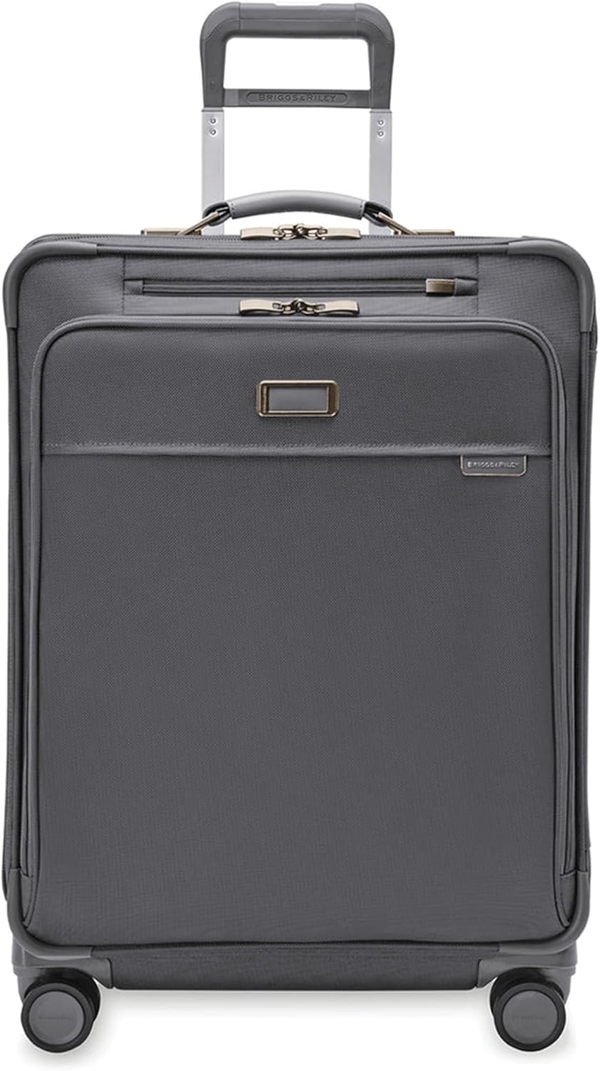 Briggs & Riley 26" Medium Expandable Spinner - Checked Luggage for Travel, Suitcases with Wheels, Softside Rolling Bag for Men & Women, Self-Repairing Zipper - Baseline Collection, Steel Gray