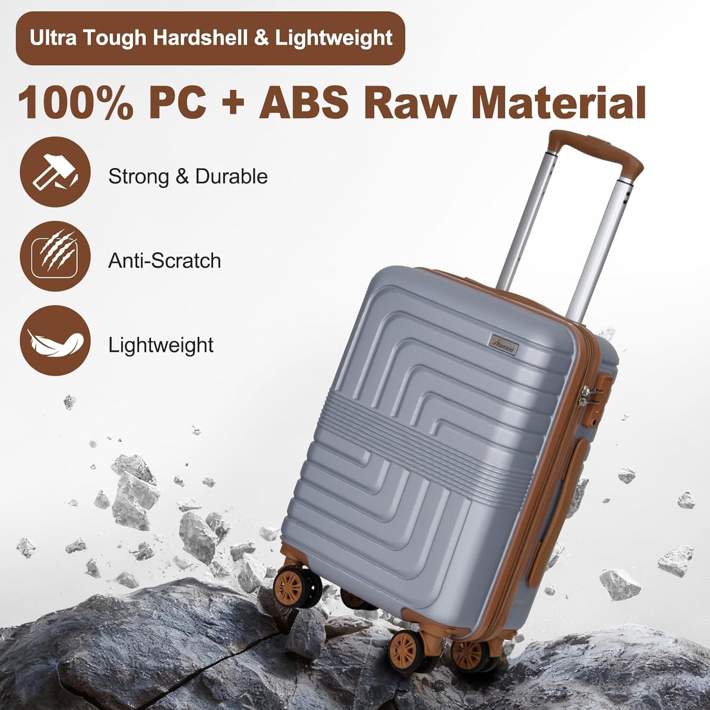 Romswi Expandable 22" Carry On Luggage,Hardshell Suitcase with Double Spinner Wheels for 20% More Space, Airline Approved Lightweight Hardside Luggage, Scratch-Resistant & YKK Zipper,Silver