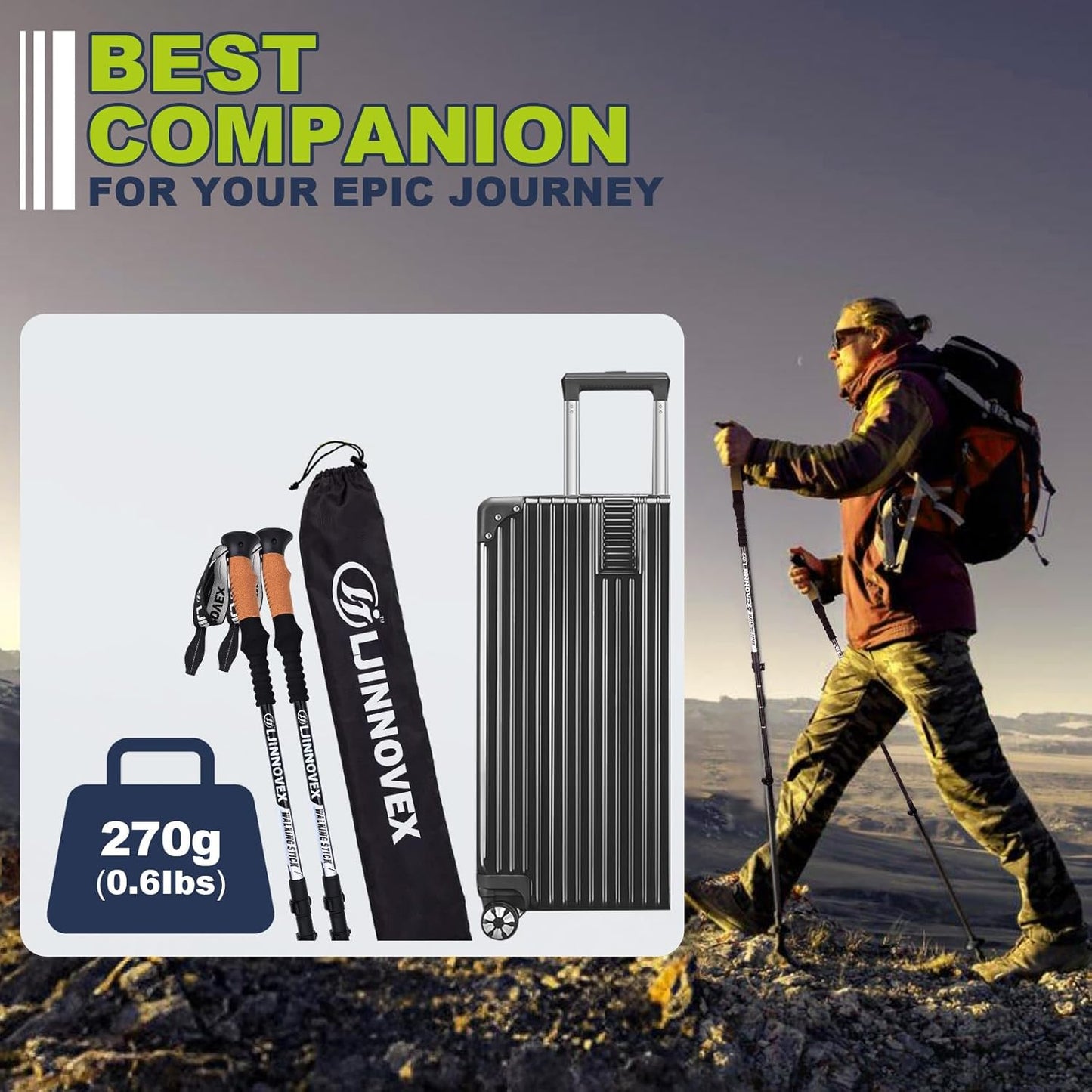 Trekking Poles - Lightweight, Collapsible, Adjustable Hiking Poles with Quick Flip Lock, 7075 Aluminum, Natural Cork Grip, Anti Shock Walking Sticks for All Terrain, Men and Women, 2 Pack