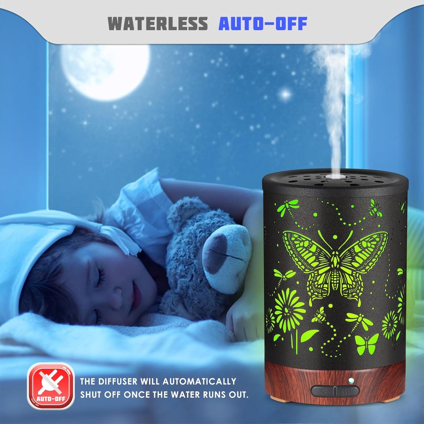 Metal Essential Oils Diffuser 150ML Christmas Aromatherapy Diffuser Cool Mist Humidifier with 7 Colors Lights Waterless Auto Off Air Diffusers as Gifts for Mom(Butterfly)