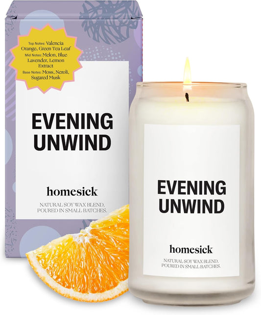 Homesick Scented Candles for Home (Evening Unwind) - 13.75 oz Long-Lasting Natural Soy Wax Blend Jar Candle Gifts for Women & Men, 60-80 Hours Burn Time - Notes of Valencia Orange, Melon & Moss