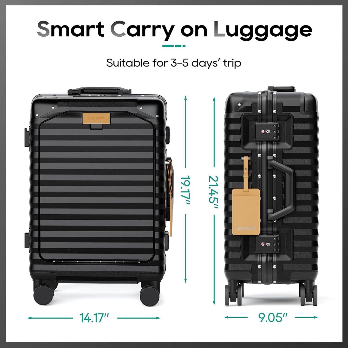 Joyway 20 Inch Carry on Luggage with Aluminium Frame and Front Pocket, PC Hardshell Suitcase with USB Port and Cup Holder, 21.5x14.2x9 Airline Approved, Luggage with Spinner Wheels and TSA Lock(Black)