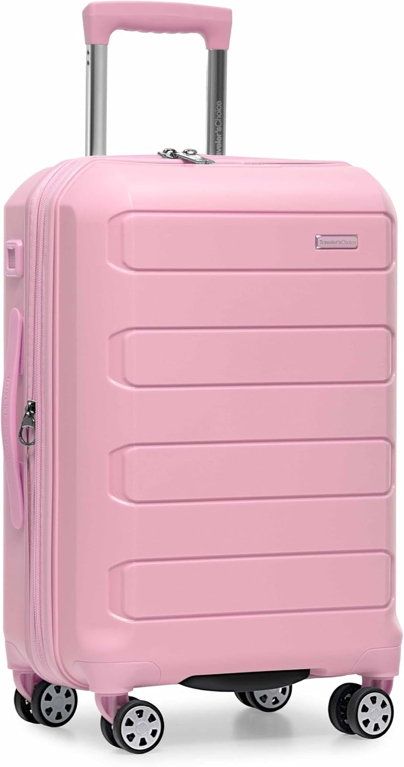 Traveler's Choice Pagosa Indestructible Hardshell Expandable Spinner Luggage, Pink, 22-Inch Carry-on