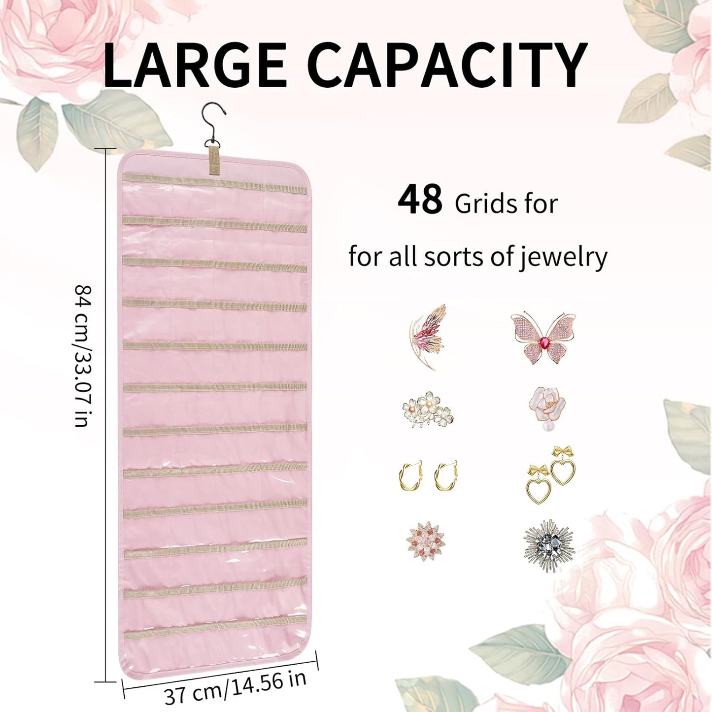 Bloss Hanging Jewelry Organizer with 48 Pockets, Double-Size Hanging Jewelrys Holder with Hanger Hooks, Jewelry Organizers and Storage for Earrings, Necklaces and Rings,Pink