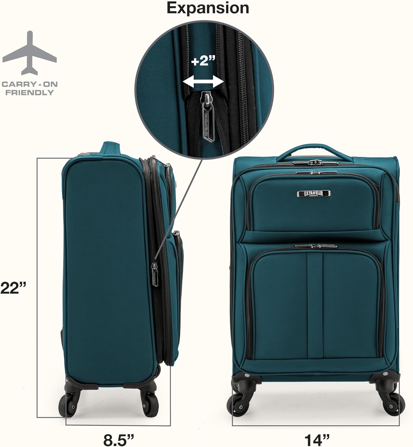 U.S. Traveler Anzio Softside Sturdy Ballistic Nylon Expandable Travel Suitcase Luggage with 4 Spinner Wheels, Teal, Carry-on 22-Inch
