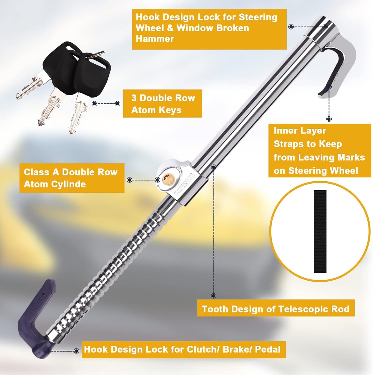 Tevlaphee Universal Steering Wheel Brake Lock Anti-Theft Retractable Double Hook Car Clutch Pedal Lock for Car Truck SUV Van Security with 3 Keys