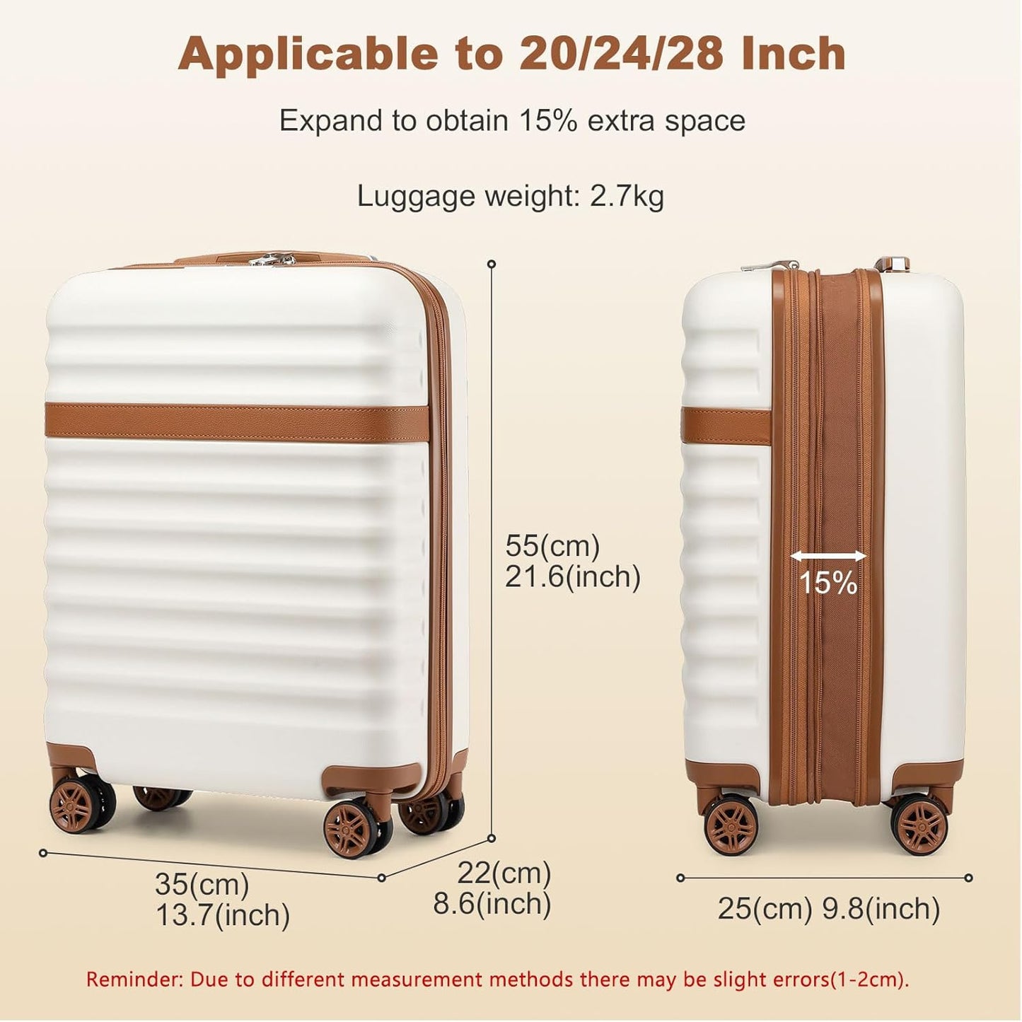 Kono Airline Approved Carry On Luggage, 22x14x9 inches, 20 Inch Expandable Lightweight Hardshell Suitcase with TSA Lock, (Cream Brown, Suitable for 1-3 Days of Travel)