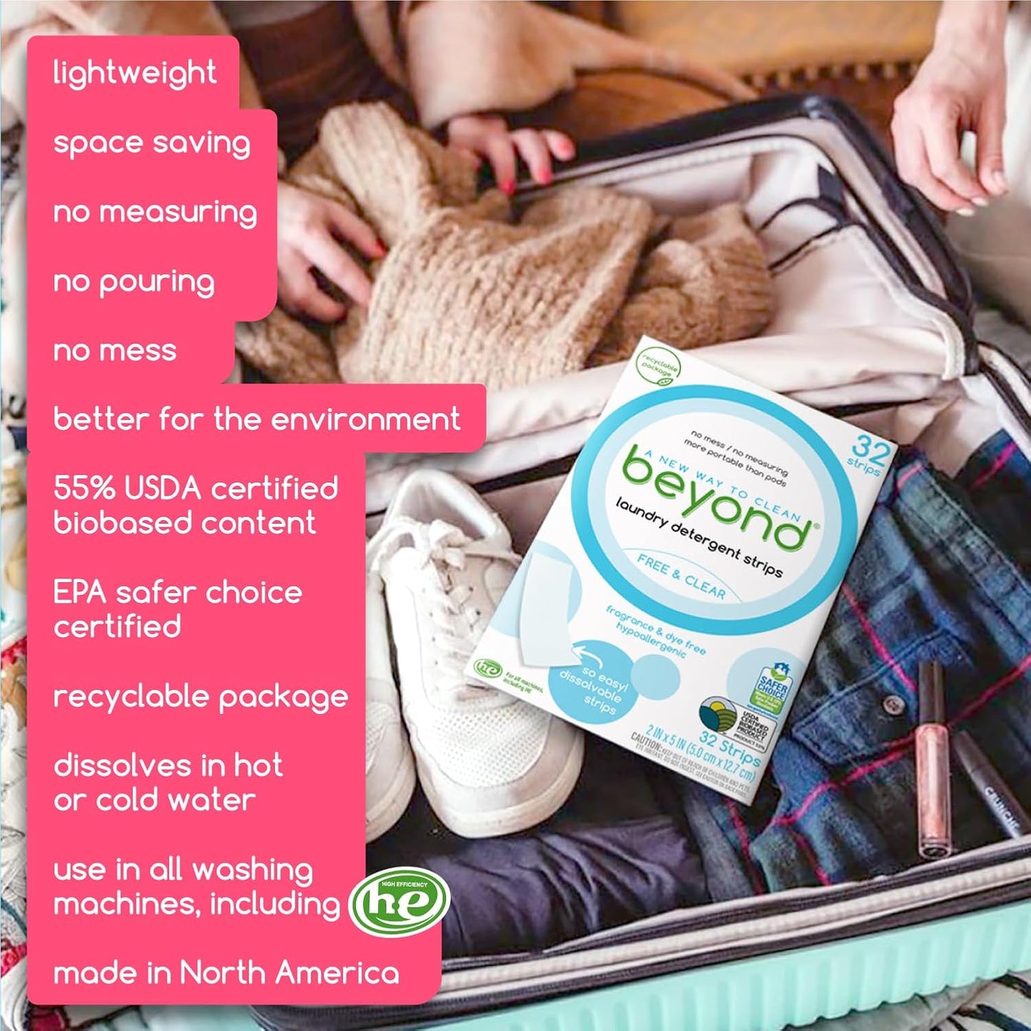 Beyond Laundry Detergent Strips [12 packs of 32 strips] - Free & Clear - Eco-friendly, Hypoallergenic. Travel friendly. Dissolvable Strips
