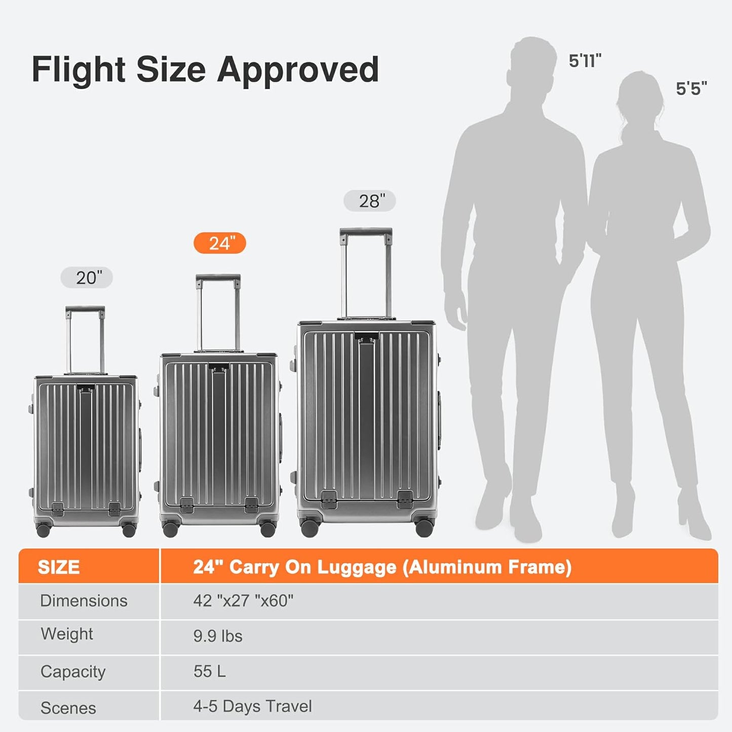 24 Inch Check-In Luggage Aluminum Frame Zipperless Luggage, Hard Shell Suitcase TSA Approved Checked Luggage, ABS+PC Lightweight Zipperless Suitcase with Spinner Wheels (Grey)