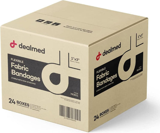 Dealmed Sterile Flexible Fabric Adhesive Bandages – 1x3 Inch – 100/Box - 24 Boxes - Breathable First Aid Strip Pack - Soft Stretch Wound Patch for Medical, Emergency Kits & Clinic