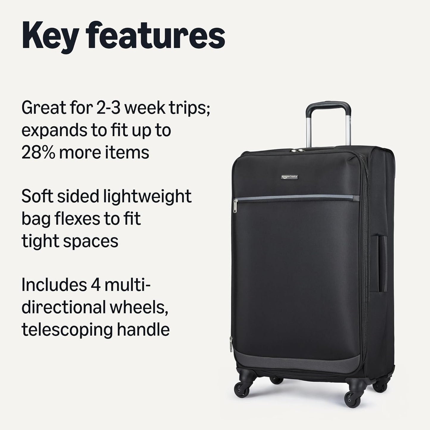 Amazon Basics Luggage, 28" Large Checked Softside Suitcase With Wheels, With Four 360-Degree Multi-directional Spinner Wheels, Expandable Capacity, Zippered Pocket and Straps, Telescopic Handle, Black