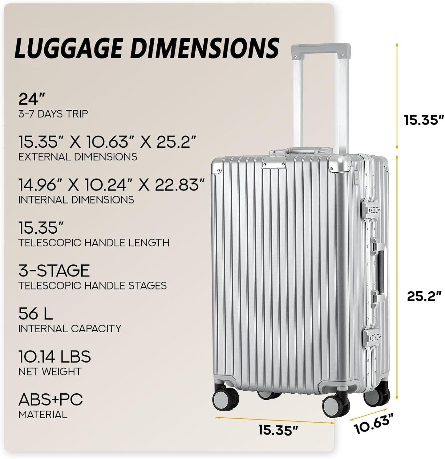 24 Inch Aluminum Frame Checked Travel Luggage with Spinner Wheels,Zipperless Hard Shell Suitcases with TSA Approved USB Port,Cup & Phone Holder for Women Men,Silver