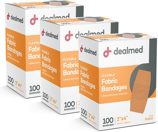 Dealmed Fabric Flexible Adhesive Bandages – 100 Count (3 Pack) Bandages with Non-Stick Pad, Latex Free, Wound Care for First Aid Kit, 2" x 4"