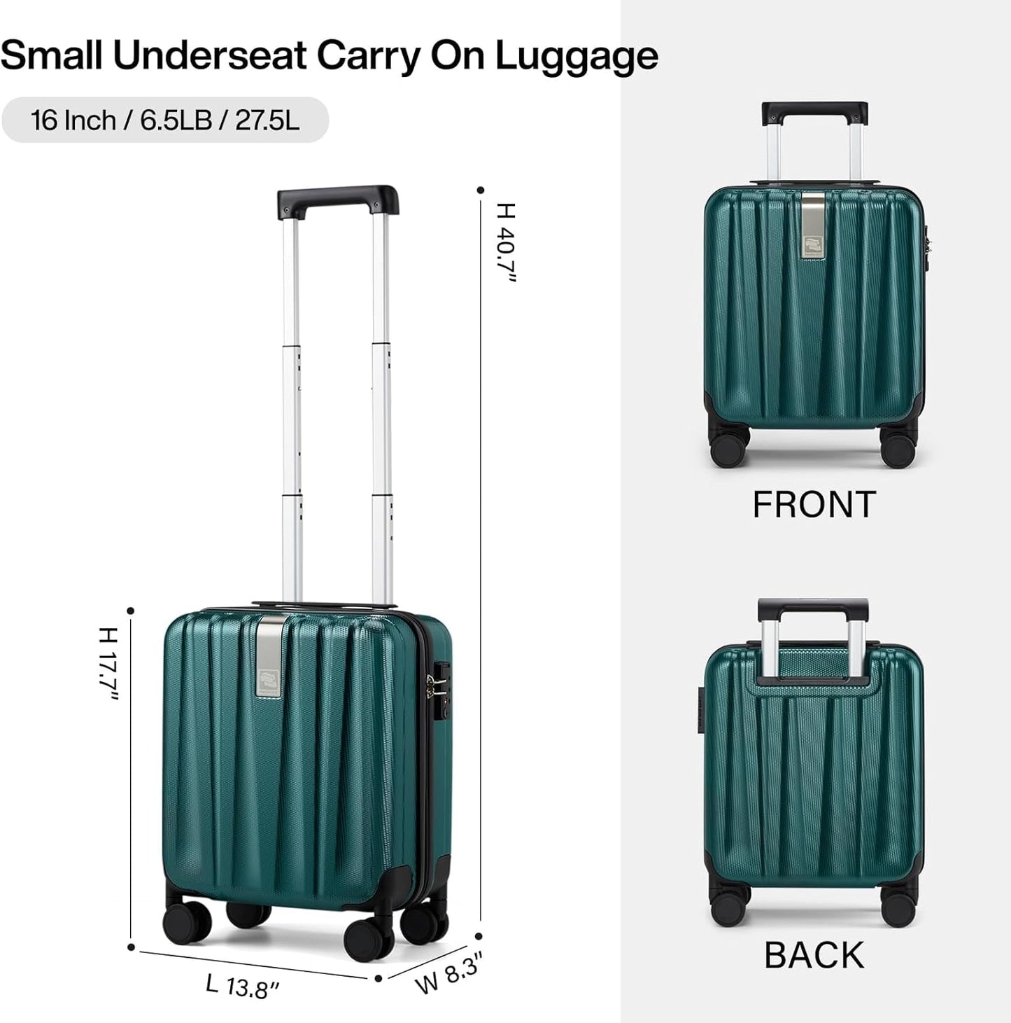Hanke 16 Inch Underseat Carry on Luggage with Wheels,Small Hard Shell Suitcases for Weekender,Tsa Approved Lightweight Travel Luggage Suitcase for Womem Men,Blackish Green.