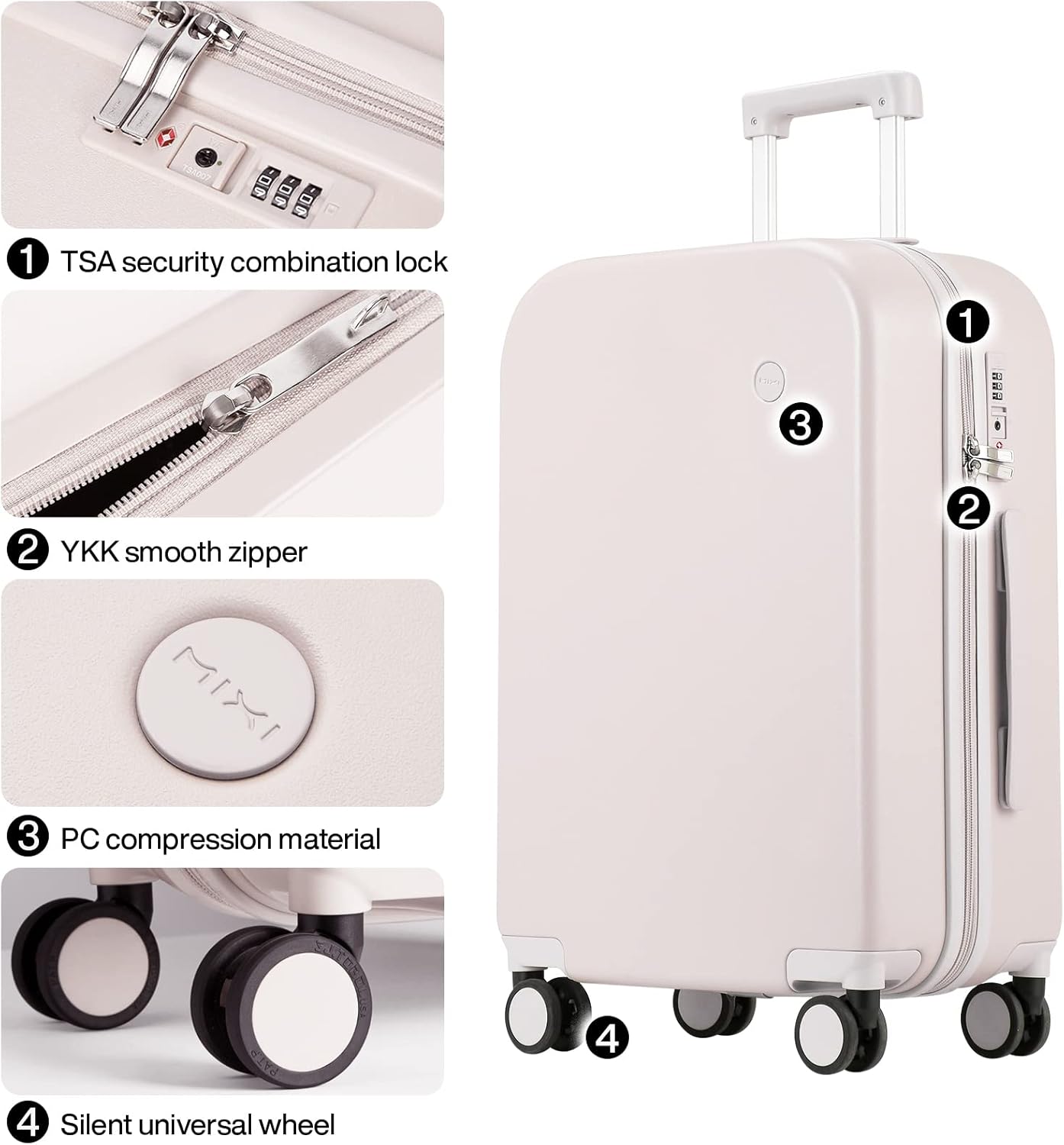 mixi Luggage Suitcase with Spinner Wheels, Hardside Rolling Suitcase PC with Cover & TSA Lock Lightweight Travel Case 26in Checked in, Off White（Slight Pink）