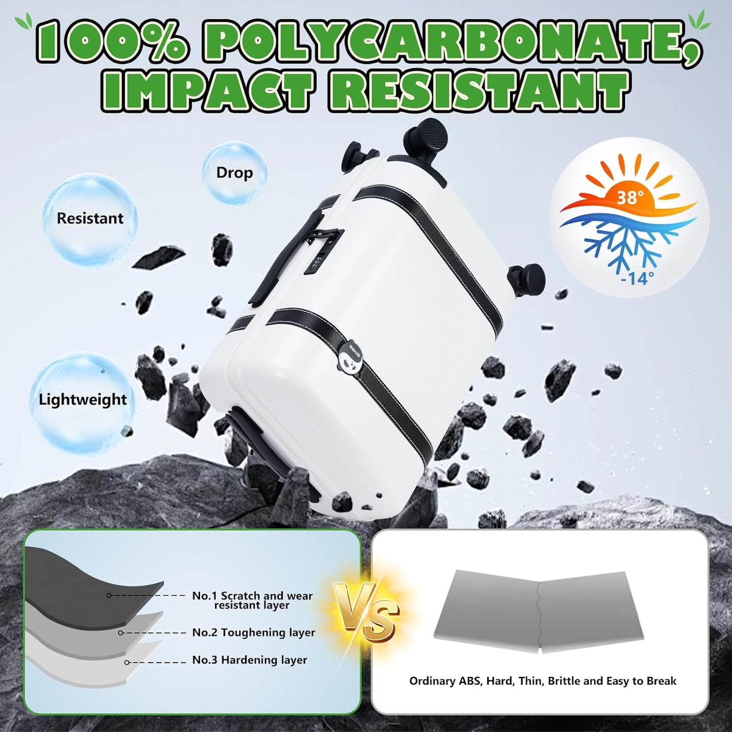 20-inch Carry-On Luggage, Airline Approved, with Spinner Wheels, 100% PC Hardshell Carry-On Luggage with TSA Lock, 22x14x9 20 inches, Smooth Rolling Wheels for Lightweight Travel - White