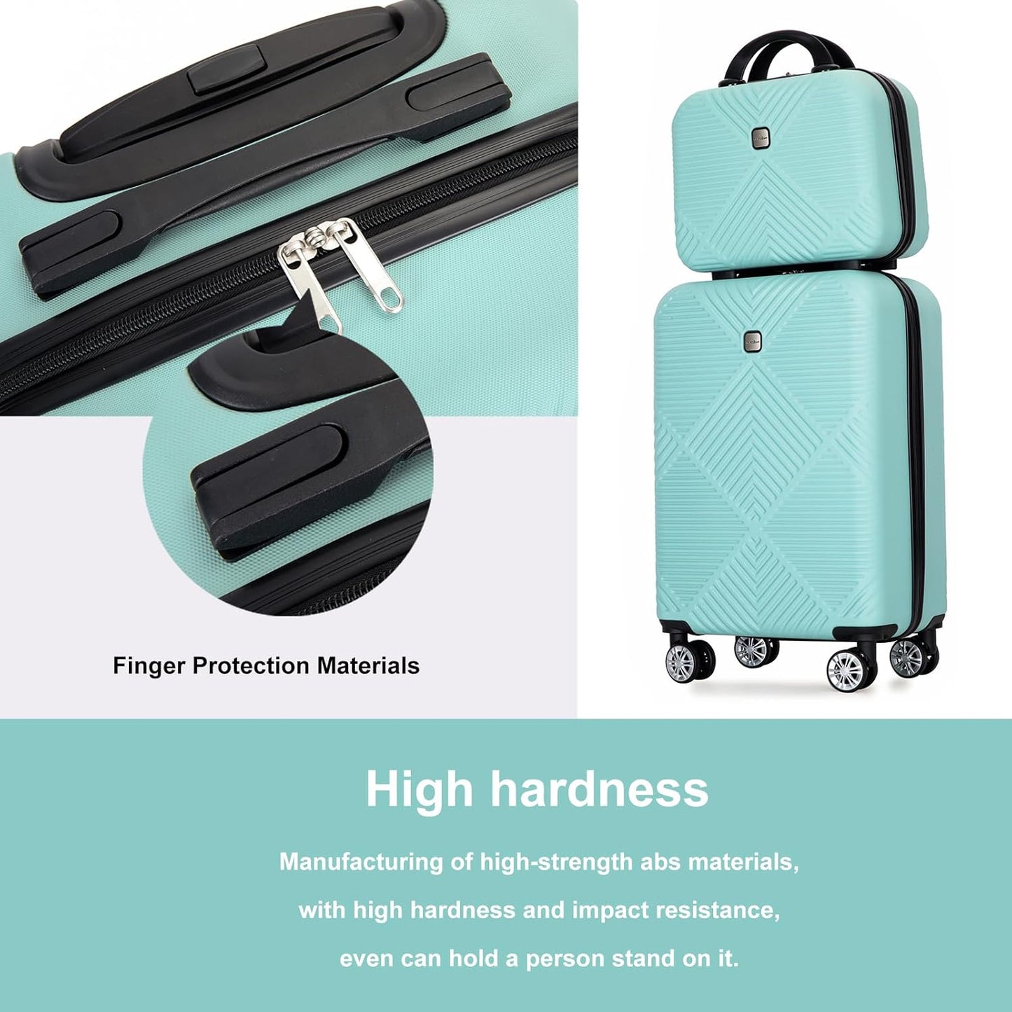 Luggage 4 Piece Set, Hardshell ABS Suitcase Set with Double Spinner Wheels, Lightweight Suitcase, Carry On and Checked Travel Luggage, Aqua Blue