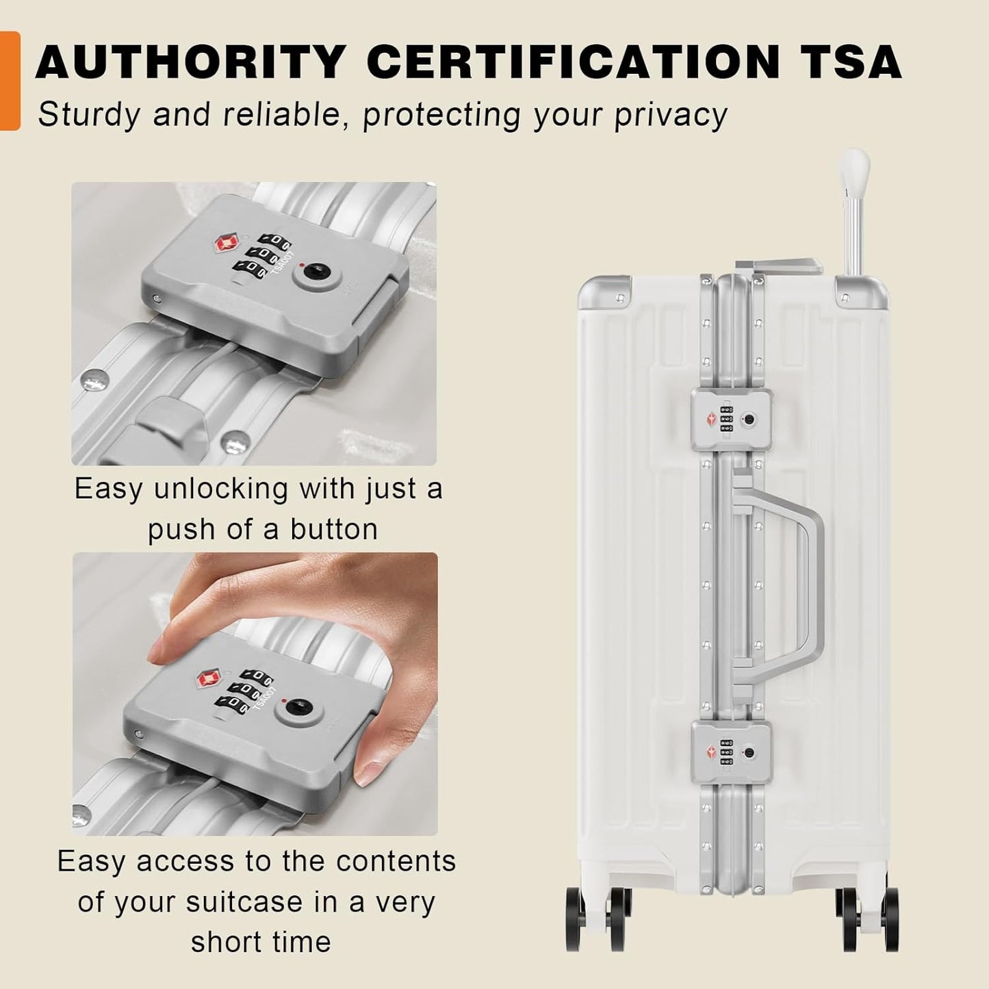 AnyZip Luggage PC+ABS Aluminum Frame Zipperless Checked Luggage Hard Shell Suitcase with TSA Lock Double Spinner Wheels 24 Inch White