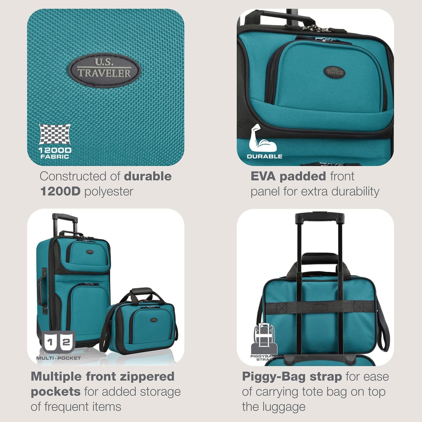 U.S. Traveler, Rio Rugged Fabric Expandable Upright Rolling Carry-on Luggage Set w/Tote Bag, Teal, 2-Piece (21/14)