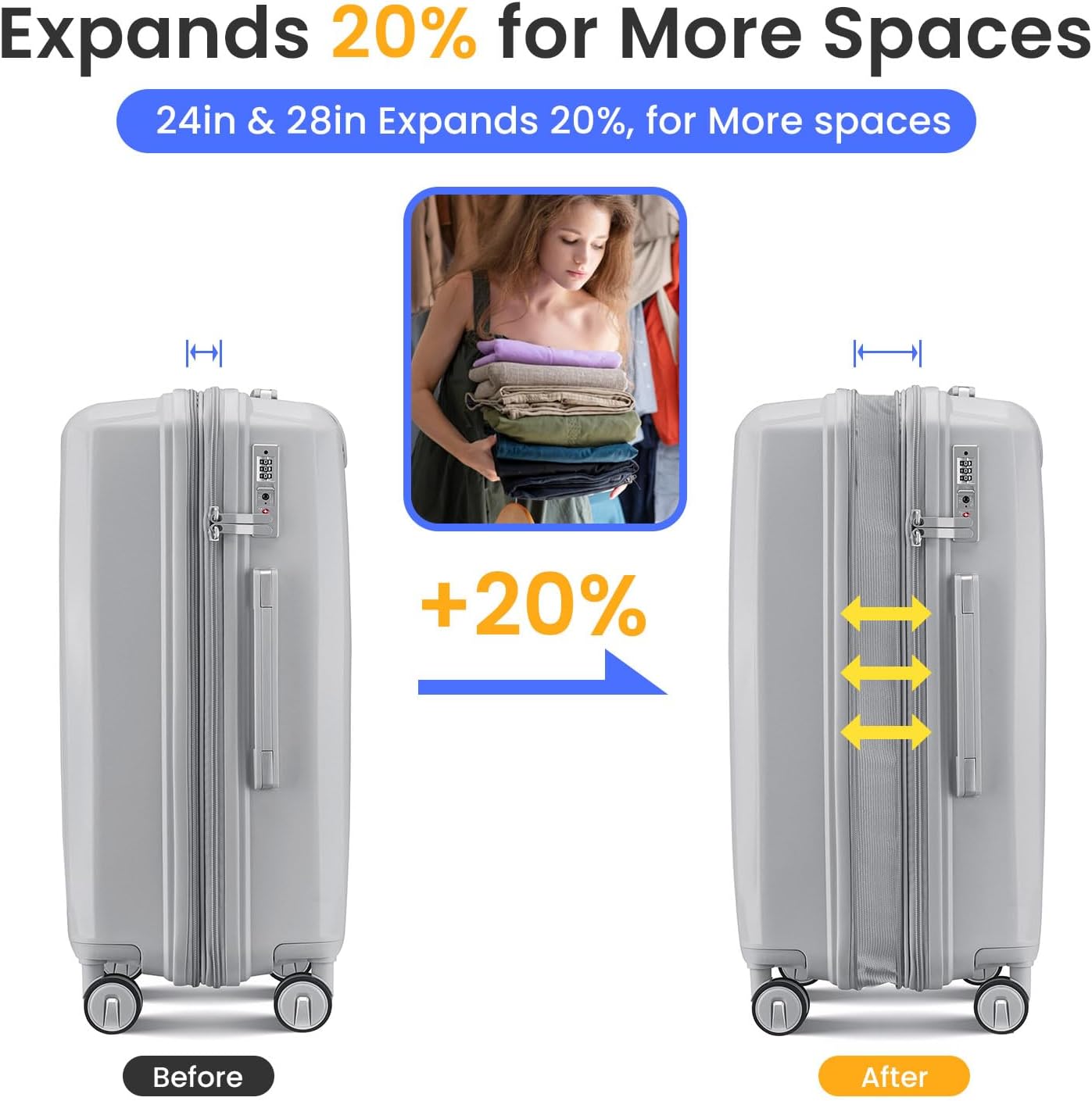 4-Piece Expandable Hardshell Luggage Set with TSA Lock (14/20/24/28) - Lightweight PP Suitcases, 360° Silent Spinner Wheels and Durable 100LB Handle for Air Travel (C# Silver)