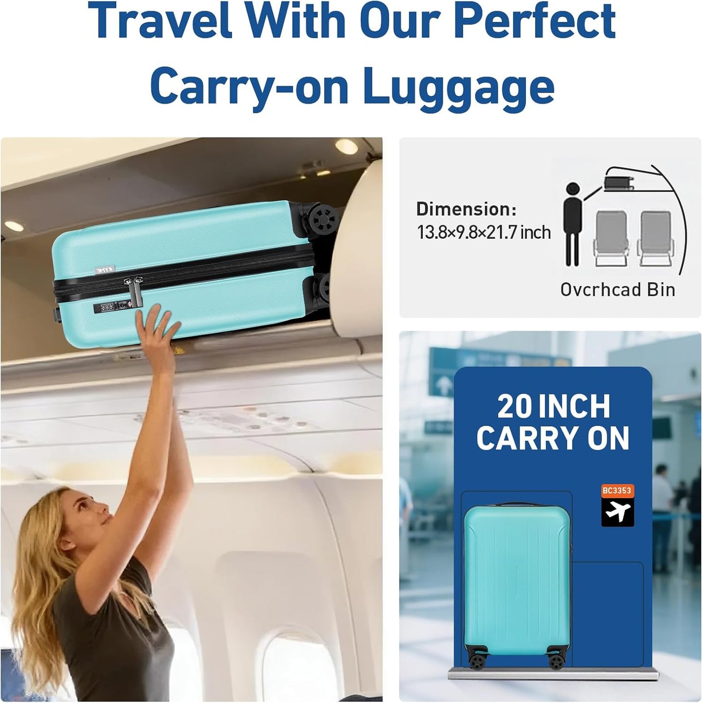 KYME Carry on luggage 22x14x9 Airline Approved Suitcase Hardshell With Double Spinner Wheels, PC+ABS TSA Lock Travel Luggage (Mint Green, 20" Carry On)